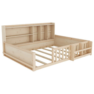English Elm Full Size Pine Wood Kids Floor Bed with Guardrail Storage Shelves and Bookshelf Natural W697P495649