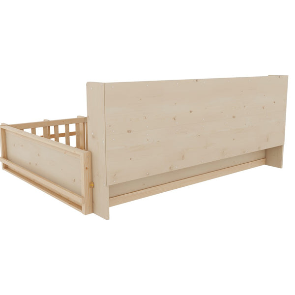 English Elm Full Size Pine Wood Kids Floor Bed with Guardrail Storage Shelves and Bookshelf Natural W697P495649
