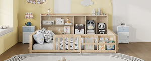 English Elm Full Size Pine Wood Kids Floor Bed with Guardrail Storage Shelves and Bookshelf Natural W697P495649