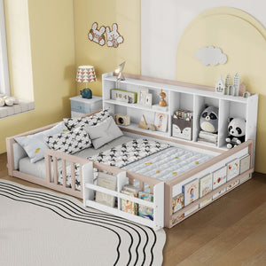 English Elm Full Size Pine Wood Kids Floor Bed with Guardrail Storage Shelves and Bookshelf Cream/White W697P495650