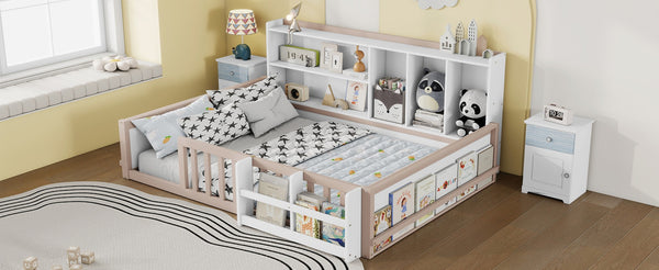 English Elm Full Size Pine Wood Kids Floor Bed with Guardrail Storage Shelves and Bookshelf Cream/White W697P495650