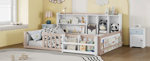 English Elm Full Size Pine Wood Kids Floor Bed with Guardrail Storage Shelves and Bookshelf Cream/White W697P495650