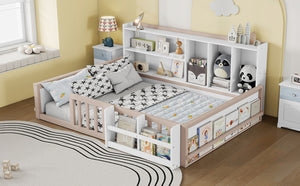 English Elm Full Size Pine Wood Kids Floor Bed with Guardrail Storage Shelves and Bookshelf Cream/White W697P495650