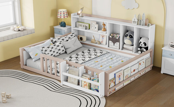 English Elm Full Size Pine Wood Kids Floor Bed with Guardrail Storage Shelves and Bookshelf Cream/White W697P495650