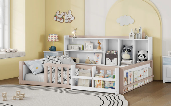 English Elm Full Size Pine Wood Kids Floor Bed with Guardrail Storage Shelves and Bookshelf Cream/White W697P495650