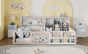 English Elm Full Size Pine Wood Kids Floor Bed with Guardrail Storage Shelves and Bookshelf Cream/White W697P495650