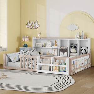 English Elm Full Size Pine Wood Kids Floor Bed with Guardrail Storage Shelves and Bookshelf Cream/White W697P495650