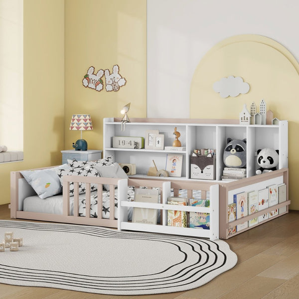 English Elm Full Size Pine Wood Kids Floor Bed with Guardrail Storage Shelves and Bookshelf Cream/White W697P495650