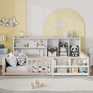 English Elm Full Size Pine Wood Kids Floor Bed with Guardrail Storage Shelves and Bookshelf Cream/White W697P495650