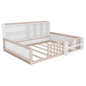 English Elm Full Size Pine Wood Kids Floor Bed with Guardrail Storage Shelves and Bookshelf Cream/White W697P495650