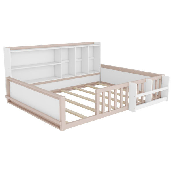 English Elm Full Size Pine Wood Kids Floor Bed with Guardrail Storage Shelves and Bookshelf Cream/White W697P495650