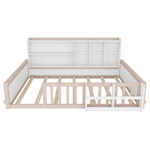 English Elm Full Size Pine Wood Kids Floor Bed with Guardrail Storage Shelves and Bookshelf Cream/White W697P495650