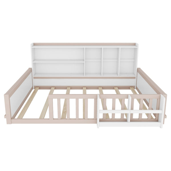 English Elm Full Size Pine Wood Kids Floor Bed with Guardrail Storage Shelves and Bookshelf Cream/White W697P495650