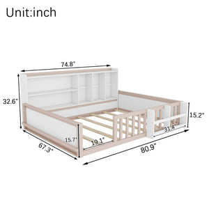 English Elm Full Size Pine Wood Kids Floor Bed with Guardrail Storage Shelves and Bookshelf Cream/White W697P495650