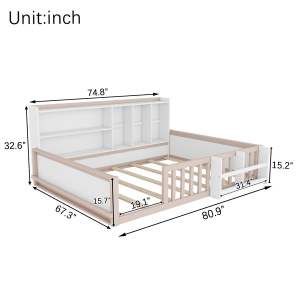 English Elm Full Size Pine Wood Kids Floor Bed with Guardrail Storage Shelves and Bookshelf Cream/White W697P495650