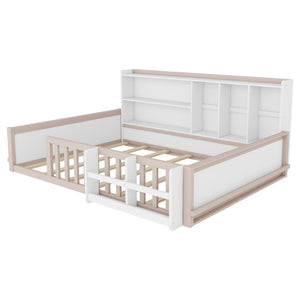 English Elm Full Size Pine Wood Kids Floor Bed with Guardrail Storage Shelves and Bookshelf Cream/White W697P495650