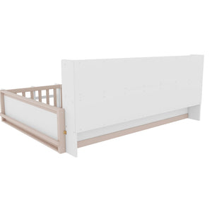 English Elm Full Size Pine Wood Kids Floor Bed with Guardrail Storage Shelves and Bookshelf Cream/White W697P495650