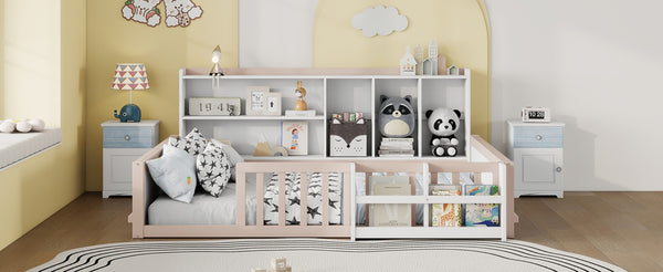 English Elm Full Size Pine Wood Kids Floor Bed with Guardrail Storage Shelves and Bookshelf Cream/White W697P495650