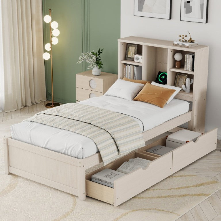 English Elm Modern Twin Platform Bed with Bookcase Headboard USB Charging Port and Storage Drawers Cream White W697P544058