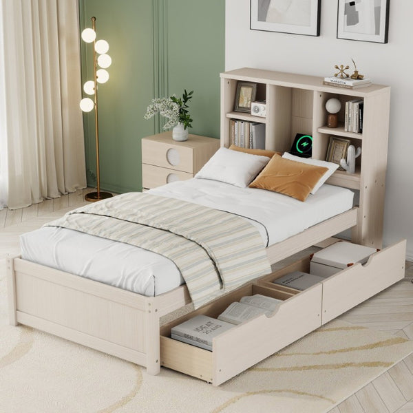 English Elm Modern Twin Platform Bed with Bookcase Headboard USB Charging Port and Storage Drawers Cream White W697P544058