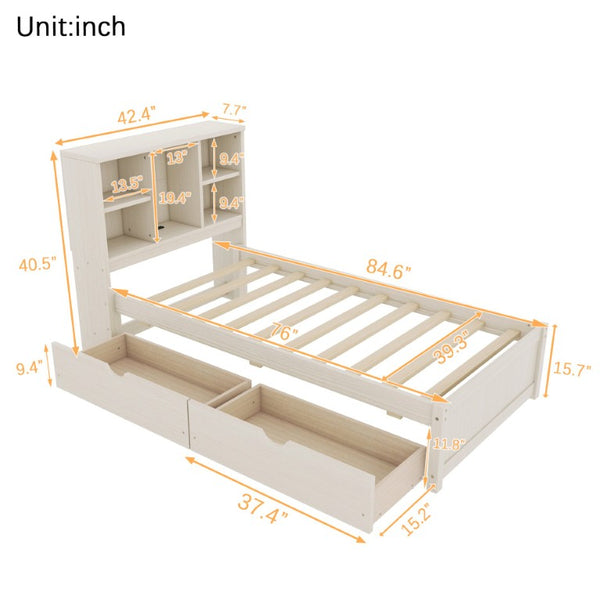 English Elm Modern Twin Platform Bed with Bookcase Headboard USB Charging Port and Storage Drawers Cream White W697P544058