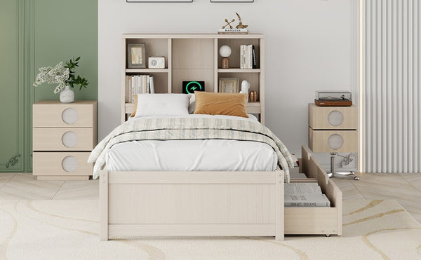 English Elm Modern Twin Platform Bed with Bookcase Headboard USB Charging Port and Storage Drawers Cream White W697P544058