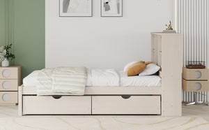 English Elm Modern Twin Platform Bed with Bookcase Headboard USB Charging Port and Storage Drawers Cream White W697P544058