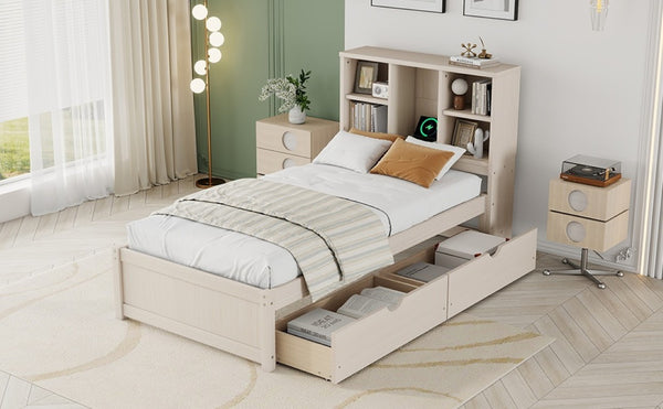 English Elm Modern Twin Platform Bed with Bookcase Headboard USB Charging Port and Storage Drawers Cream White W697P544058