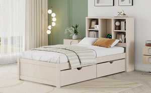 English Elm Modern Twin Platform Bed with Bookcase Headboard USB Charging Port and Storage Drawers Cream White W697P544058