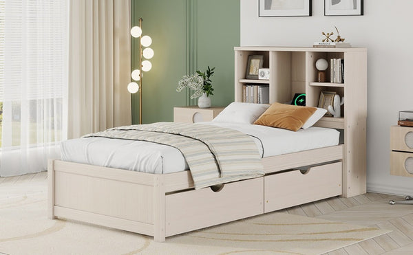 English Elm Modern Twin Platform Bed with Bookcase Headboard USB Charging Port and Storage Drawers Cream White W697P544058