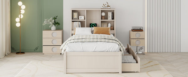 English Elm Modern Twin Platform Bed with Bookcase Headboard USB Charging Port and Storage Drawers Cream White W697P544058