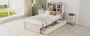 English Elm Modern Twin Platform Bed with Bookcase Headboard USB Charging Port and Storage Drawers Cream White W697P544058