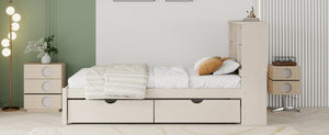 English Elm Modern Twin Platform Bed with Bookcase Headboard USB Charging Port and Storage Drawers Cream White W697P544058
