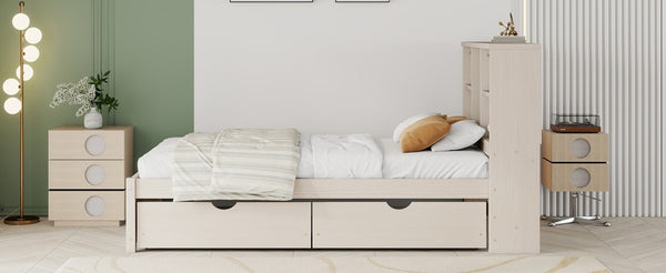 English Elm Modern Twin Platform Bed with Bookcase Headboard USB Charging Port and Storage Drawers Cream White W697P544058