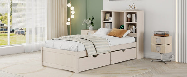 English Elm Modern Twin Platform Bed with Bookcase Headboard USB Charging Port and Storage Drawers Cream White W697P544058