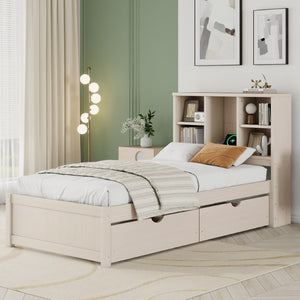 English Elm Modern Twin Platform Bed with Bookcase Headboard USB Charging Port and Storage Drawers Cream White W697P544058
