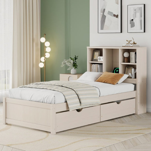 English Elm Modern Twin Platform Bed with Bookcase Headboard USB Charging Port and Storage Drawers Cream White W697P544058