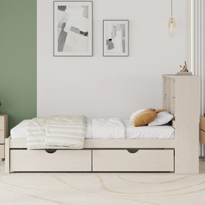 English Elm Modern Twin Platform Bed with Bookcase Headboard USB Charging Port and Storage Drawers Cream White W697P544058