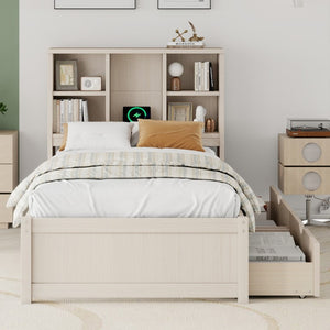 English Elm Modern Twin Platform Bed with Bookcase Headboard USB Charging Port and Storage Drawers Cream White W697P544058
