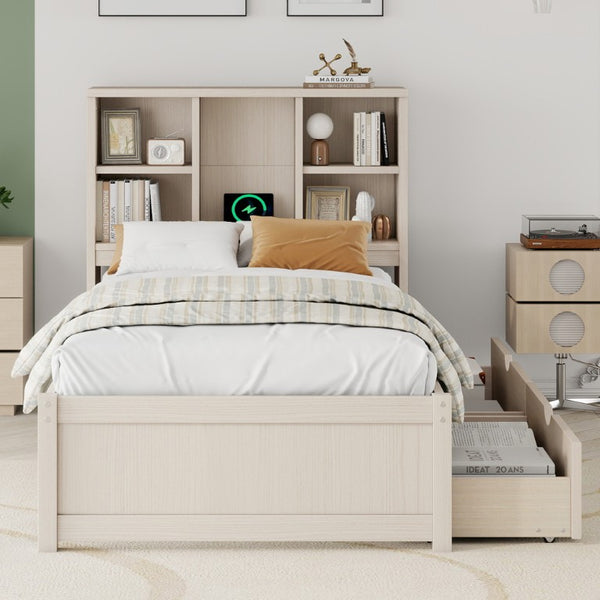 English Elm Modern Twin Platform Bed with Bookcase Headboard USB Charging Port and Storage Drawers Cream White W697P544058