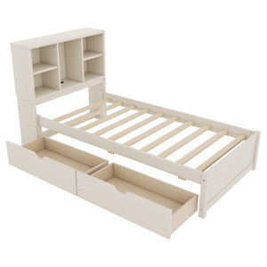 English Elm Modern Twin Platform Bed with Bookcase Headboard USB Charging Port and Storage Drawers Cream White W697P544058
