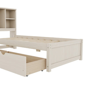 English Elm Modern Twin Platform Bed with Bookcase Headboard USB Charging Port and Storage Drawers Cream White W697P544058