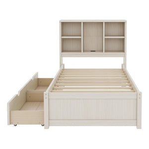 English Elm Modern Twin Platform Bed with Bookcase Headboard USB Charging Port and Storage Drawers Cream White W697P544058