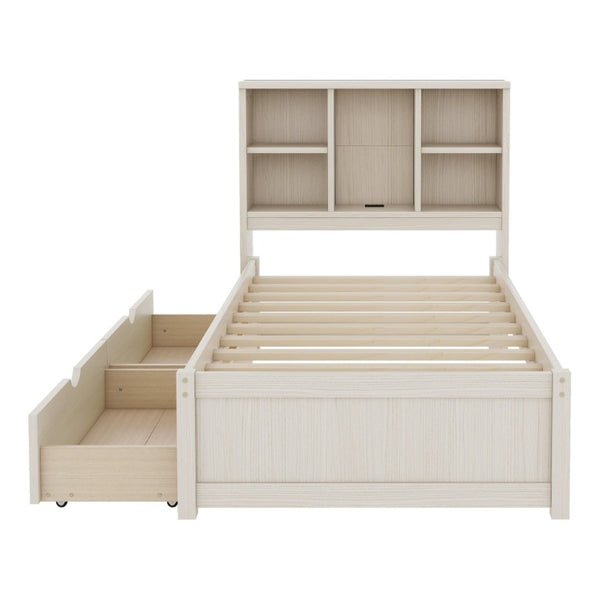 English Elm Modern Twin Platform Bed with Bookcase Headboard USB Charging Port and Storage Drawers Cream White W697P544058