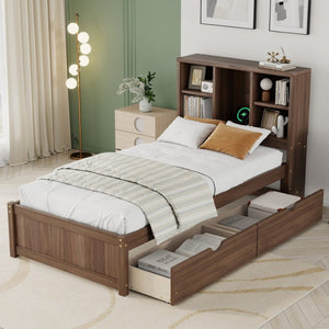 English Elm Modern Twin Platform Bed with Bookcase Headboard USB Charging Port and Storage Drawers Walnut W697P544059