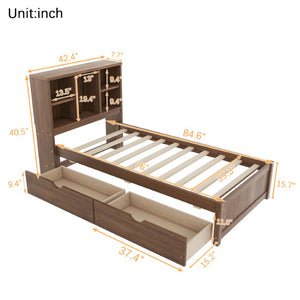 English Elm Modern Twin Platform Bed with Bookcase Headboard USB Charging Port and Storage Drawers Walnut W697P544059