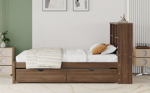 English Elm Modern Twin Platform Bed with Bookcase Headboard USB Charging Port and Storage Drawers Walnut W697P544059