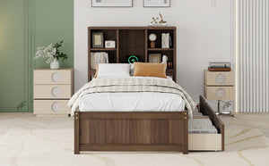 English Elm Modern Twin Platform Bed with Bookcase Headboard USB Charging Port and Storage Drawers Walnut W697P544059