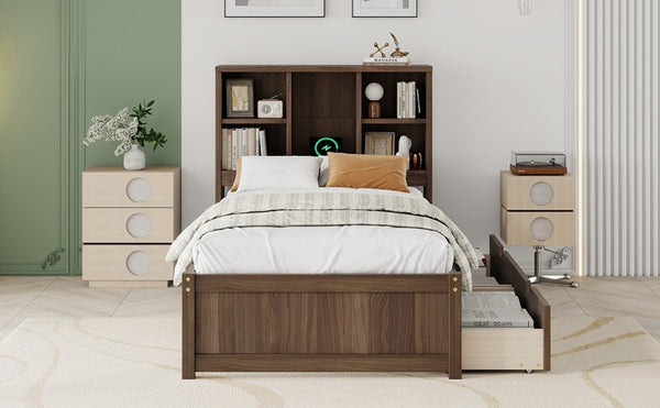 English Elm Modern Twin Platform Bed with Bookcase Headboard USB Charging Port and Storage Drawers Walnut W697P544059