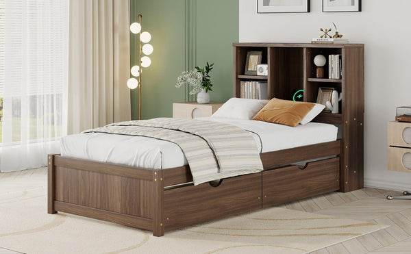 English Elm Modern Twin Platform Bed with Bookcase Headboard USB Charging Port and Storage Drawers Walnut W697P544059